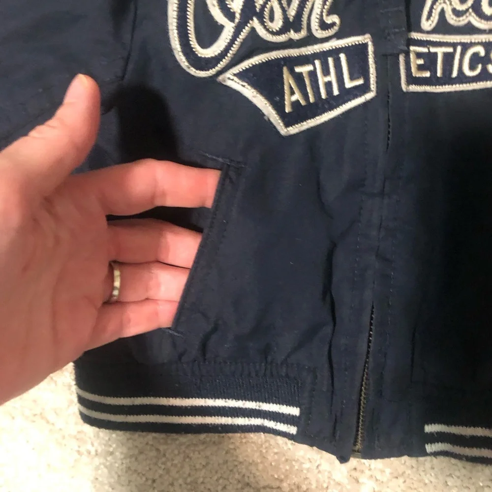 Oshkosh Bgosh baseball style jacket navy blue with detachable hood Sz 12mo